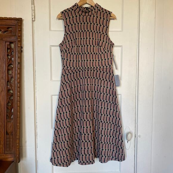 Maggy London NWT Patterned High Neck Tank Dress Midi A Line Fall Retro Pink - Picture 1 of 7
